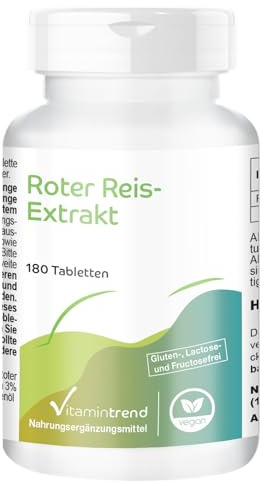 Vitamintrend Roter Reis Extrakt 150mg, 180 Tabletten, schluckfreundlich, mit 2,95mg Monacolin K pro Tablette, Nahrungsergänzungsmittel vegan ohne Magnesiumstearat, in Deutschland hergestellt