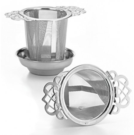 Dauer Teefilter Elegant Tea Infuser with Lid / Tray - Stainless Steel Fine Mesh Basket with Scroll Handles by Dauer