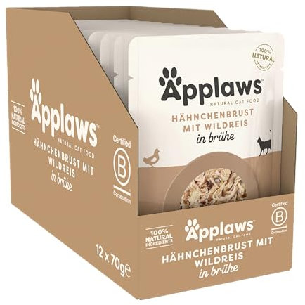 Applaws Premium Natural Katzenfutter Nass, Huhn mit Wildreis in Brühe 70g Portionsbeutel (12x70g )