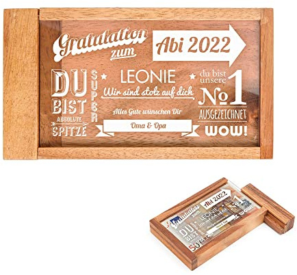 Casa Vivente Magische Geldgeschenkbox mit Gravur zum Abitur, Motiv Schriftcollage, Personalisiert mit Namen, Verpackung für Geldgeschenke