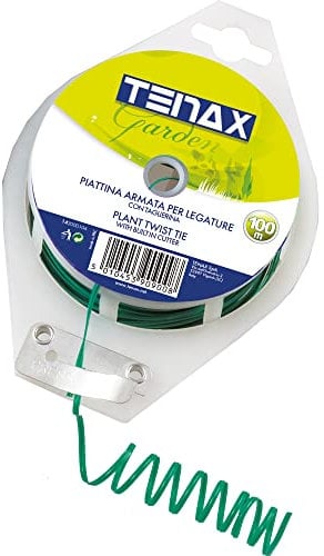 TENAX Piattina in PVC Lunghezza 100 m Colore Verde, in Rotolo Dispenser con taglierina, Fascetta in Filo di Acciaio ricoperto di PVC per Legatura Piante e Fiori, Chiusura Sacchetti e Confezioni