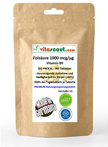 Folsäure 1000 mcg, 360 Vegane Tabletten, Folic Acid (Vitamin B9), 500% des Tagesbedarfs, Ohne Magnesiumstearat**