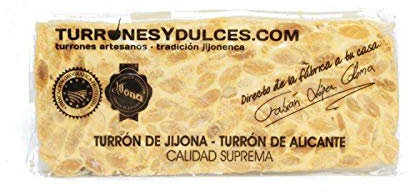 Turrón duro Alicante artesano. Tableta dura o barra de 300 gramos – Turrones Fabián - ¿Cuál es nuestro secreto? Turrón elaborado en Jijona con Almendra Mediterránea de primera calidad. Tiene la Denominación de Origen Jijona-Alicante. Es artesano. - Ingredientes Naturales: Almendra tostada (65%), Miel (21%), clara de huevo, azúcar y oblea - Elaborado en Jijona