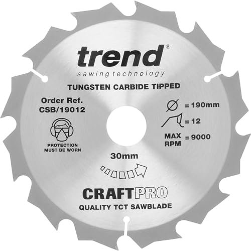 Trend Wood Circular Saw Blade, 190mm Diameter, 30mm Bore, 12 Teeth, 2.4mm Kerf, +20° Hook, TCT, Coarse Finish, CSB/19012