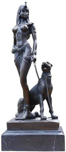 Antike Fundgrube Bronze Figur Pharaonin mit Leopard auf edlem Marmorsockel Skulptur Statue H: 27 cm (2059)