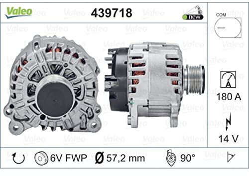 VALEO-439718-Alternador-- Intensidad de carga del alternador: 180 Amp - Estrías: 6 estrías - Polea de correa: 57,2 mm - Tensión: 14 V - Sentido de rotación: CLOCKWISE
