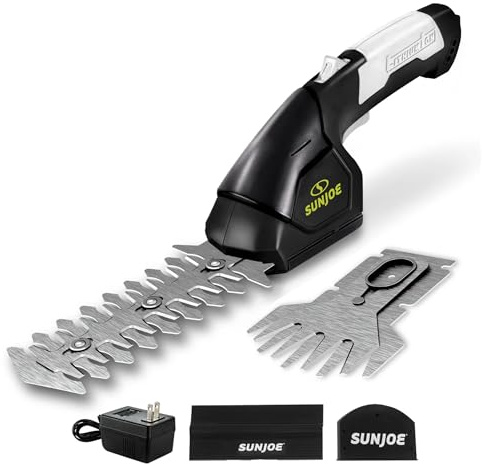 Sun Joe HJ604C Cordless Grass Shears and Hedge Trimmer, 2-in-1 Handheld Shrub Trimmer, 7.2V Lithium-Ion Battery, 1250 RPM Steel Blades, Charger Included