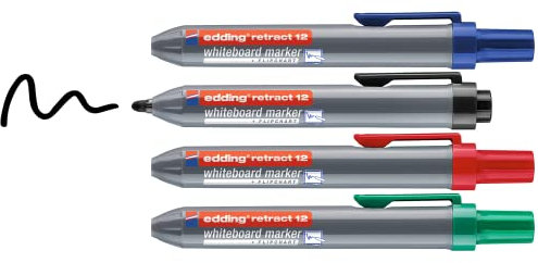 edding 12 Retract Whiteboardmarker - schwarz,rot,blau,grün -4 Whiteboard Stifte - Rundspitze 1,5-3 mm-kappenloses Design - für die einhändige Bedienung auf Whiteboard,Flipchart,Magnettafel,Pinnwand