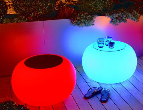 Moree Bubble, LED beleuchteter Tisch/Sitzhocker, mit Sicherheitsglasplatte, Ø 68 cm, H 41 cm, Oberfläche Ø 40 cm, Polyethylen, seidenmatt, weiß, für Vielfarben LED 1-9 W, mit Fernbedienung, für Außen