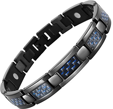 Willis Judd Mens Titanium Magnetic Bracelet With Blue Carbon Fiber Adjustable In Gift Box
