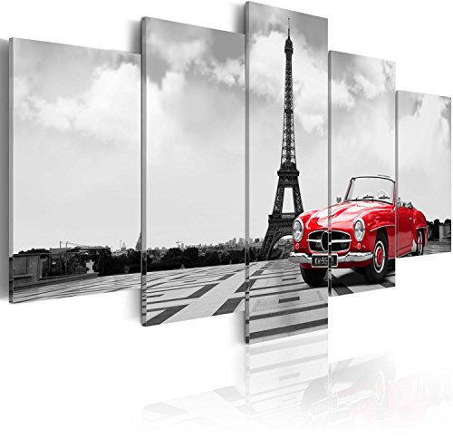 B&D XXL - Wandbilder XXL Paris 200x100cm 5 tlg - Wand Deko Leinwand Bilder Groß Wanddeko Wohnzimmer Schlafzimmer Kunstdrucke - Frankreich Auto Eiffelturm Panorama grau rot 030106-11