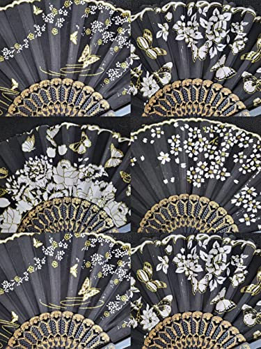 Set of 12 Spanish-Style-Black-Dance-Party-Wedding-Lace-Gold-Flower-Folding-Hand-Fan 12x-Spanish-Style-Black-Dance-Party-Wedding-Lace-Gold-Flower-Folding-Hand-Fan