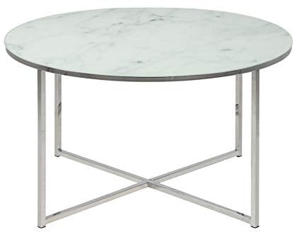 AC Design Furniture Antje Couchtisch Rund, Ø: 80 x 45 cm, Marmoroptik Weiß/Chrom, Glas/Metall, 1 Stk