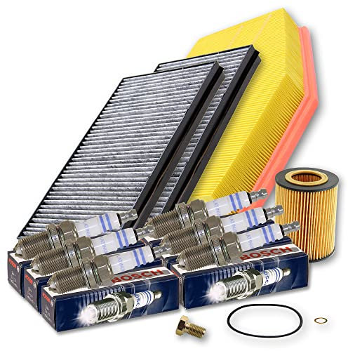 BESTPRICE Inspektionspaket Filterset mit 1x Luftfilter, 2x Innenraumfilter (Pollenfilter) mit Aktivkohle, 6x Zündkerze, 1x Ölablassschraube mit Dichtung Kompatibel mit BMW 5er (E60), 5er Touring (E61)