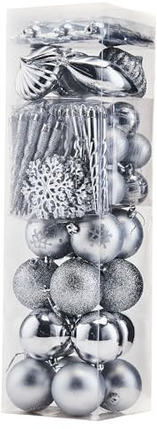 WeRChristmas 72-Piece Shatterproof Deluxe Variety Christmas Tree Baubles Decoration Pack - Silver, Silver