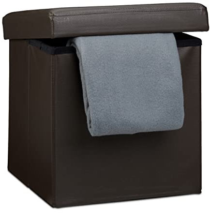 Relaxdays Folding Ottoman Seat 38 x 38 x 38 cm Sturdy Storage Chair and Practical Footstool, Faux Leather Storage Box with Removable Lid, Brown