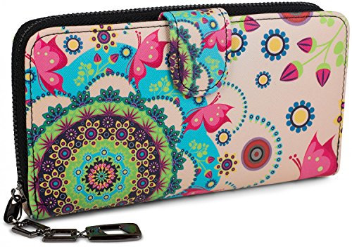 styleBREAKER Damen Geldbörse mit Buntem Blumen Blüten Mandala Muster, Ethno Style, Reißverschluss, Portemonnaie 02040040, Farbe:Rose-Türkis-Grün-Pink