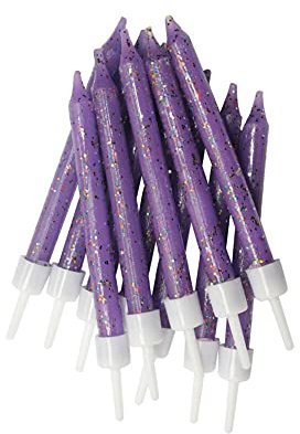 Anniversary House Pack of 12 Purple Glitter Birthday Candles with Holders, 7.5cm, Celebration Cake Decoration, Cake Candles, AHC159