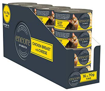 Encore 100% Natural Wet Cat Food, Chicken Breast with Cheese in 70 g Tins (Pack of 16)