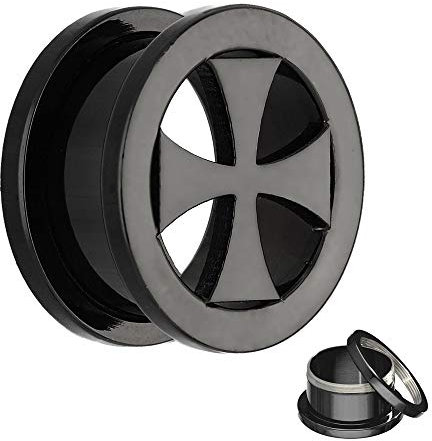 Treuheld® | 22mm Ohr Flesh Tunnel | Eisernes Kreuz/Iron Cross/Ritterkreuz | Schwarz | Chirurgenstahl | Gewinde - Schraubverschluss zum Schrauben