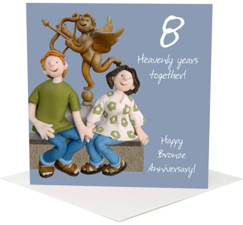 Holy Mackerel eight heavenly years bronze 8th wedding anniversary card for a couple - designed by artist Erica Sturla - 15cm square and blank inside for your message - made in the UK