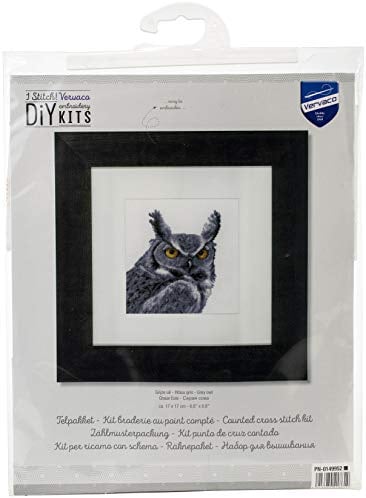 VERVACO Gezählter Kreuzstich Stickpackungen DIY Stickbilder Graue Eule Wanddekoration Handarbeit Set für Erwachsene Kreatives Handwerk ca. 17 x 17 cm Kreuzstichbilder Set Hausdeko