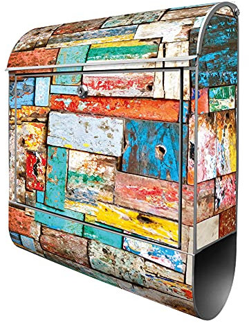 banjado® Design Briefkasten mit Bunte Holzschindeln 38,5x46,5x13cm & 2 Schlüssel - Briefkasten Stahl Silber mit Zeitungsfach pulverbeschichtet - Postkasten A4 Einwurf inkl. Montagematerial