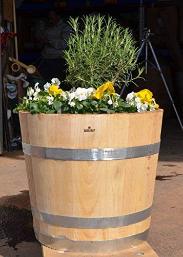 Temesso Demi tonneau de châtaignier - comme bac à Fleurs, Pot de Fleurs, jardinière - en Bois Massif de Marronnier - avec poignées en Corde (D50 H40 Naturel + poignées en Corde)
