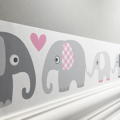 lovely label Bordüre selbstklebend ELEFANT GRAU ROSA - Wandbordüre Kinderzimmer Babyzimmer mit Elefanten - Wandtattoo Schlafzimmer Mädchen – Wanddeko Baby Kinder