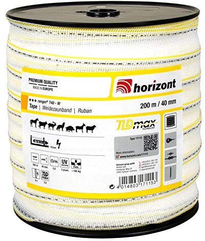 horizont Weidezaunband ranger T40-W, 200 m lang, 40 mm breit, Breitband Litze, Weidezaun Strom, Elektrozaun, für mittlere Zäune, 180 kg Bruchlast, Band, Litze Weidezaun