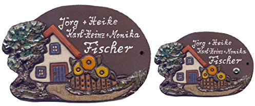 Keramikschild-Bauernhaus mit Baum-Haus-Türschild-Klingelschild-Namensschild-195 x 130 mm-Schild-Relief von Hand gefertigt-Incl. Beschriftung-Mit, oder ohne Klingel (6917 mit Text + mit Klingel)