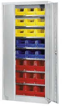 Mauser | Magazinschrank | einfarbig | mit 32 Sichtlagerkästen | 7 Fachböden | grau