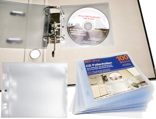MP-Pro Abheftbare CD Hüllen mit Multilochung und patentierte Klappe aus extra Dicker PP Folie für 1 CD und Cover Abheften, 100/200/400 Stück, passend für 2, 3 oder 4-fache Ordner-Mechanik - 100 Stück