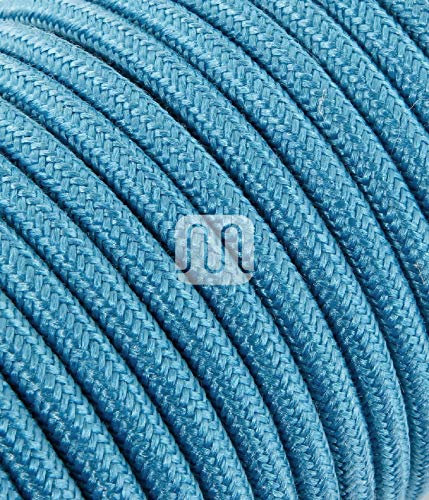 Câble électrique rond Rond recouvert de tissu coloré uni brut bleu turquoise 2 x 0,75 pour lustres, lampes, abat jour, Design. Fabriqué en Italie ., bleu, 20370