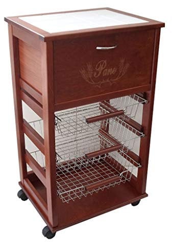CARRELLO PORTAPANE PORTAFRUTTA IN MASSELLO CON CASSETTI ACCIAIO VARIE FINITURE CON RUOTE (CILIEGIO)