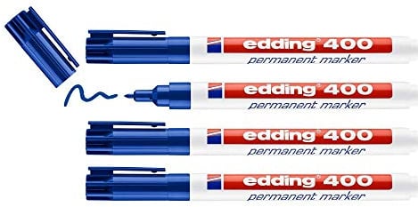 edding 400 permanent marker - blue - 4 pens - fine round tip 1 mm - waterproof, quick-drying, smear-proof pens - for cardboard, plastic, wood, metal, glass and fabric