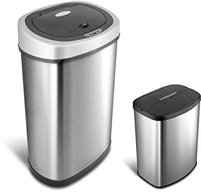 Two Ninestars 50L & 8L Combo SET Oval Series Autobin. Infrared Motion Sensor Self Opening Stainless brushed Satin Silver steel Kitchen Waste Disposable Automatic dust bin. The 50 Litre is ideal for Kitchens whilst the 8 Litres is great for Food compost waste Recycling, Bathroom or even the bedroom. Touchless, pedal, hand & Germ free Refuse trash metal can bins. Prevents cross-contamination!