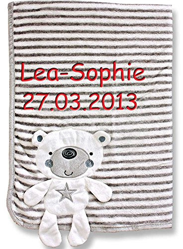 Babydecke mit Namen bestickt 3 D Aplikation Decke 76x102 cm Geschenk zur Taufe zur Geburt Hund Hase Bär Elefant Monster Affe Hippo (Hund hellblau Sterne 3D)