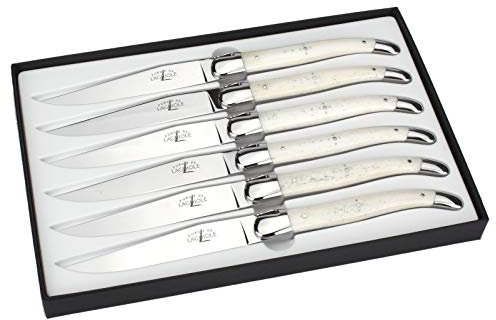 Forge de Laguiole - 6er Set Steakmesser - Griff polierter Knochen - Edle Tafel-Messer - Stahl glänzend