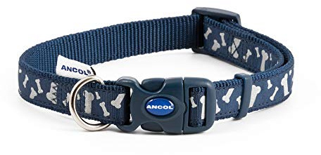 Ancol Fashion Dog Collar - Blue Reflective Bones Adjustable Collar for Dogs and Puppies - Hardwearing Nylon Base with Snap Buckle Fastening - Size 30-50cm for All Weather Use