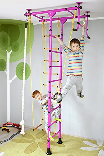 NiroSport FitTop M1 Indoor Klettergerüst für Kinder Sprossenwand für Kinderzimmer Turnwand Kletterwand, kinderleichte Montage, max. Belastung bis ca. 130 kg (Rosa)