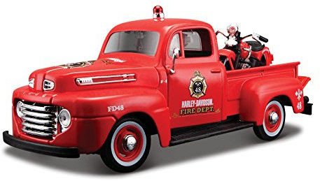 Maisto 32191 1:24 Scale Harley Davidson 1936 EL Knucklehead + 1948 Ford F-1 Druckguss-Fahrzeug, Farbe: Rot, 7inch