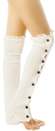 iB-iP Damen Knöpfen Mode Stretch-beinwärmer, Größe: Einheitsgröße, Creme