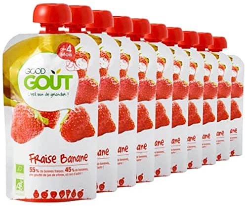 Good Goût - BIO - Gourde de Purée de Fruits Fraise Banane dès 4 Mois 120 g - Pack de 10