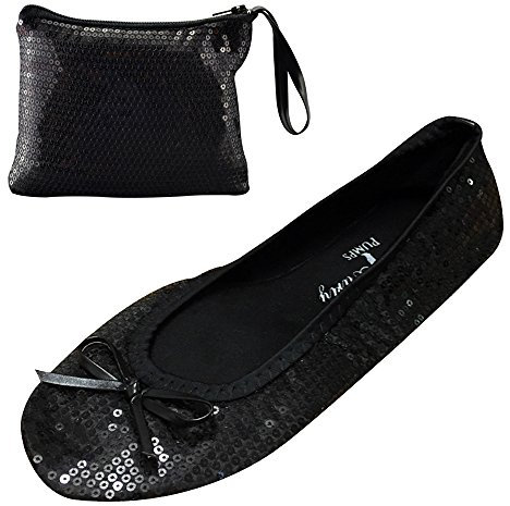 After Party Pumps® Black Sequin Size UK 3-4 Ladies Roll Up Shoes Sparkly Glitter