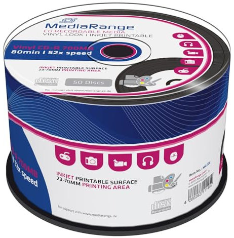 600 MEDIARANGE CD-R VINYL VYNIL VINTAGE LOOK PRINTABLE CD -R 52x 700MB 80MIN (12 SPINDLE 50 PCS) VERGINI VUOTI A GETTO DI INCHIOSTRO INK-JET