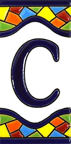 Letreros con numeros y letras en azulejo de ceramica policromada, pintados a mano en técnica cuerda seca para placas con nombres, direcciones y señaléctica. Texto personalizable. Diseño MOSAICO MEDIANO 10,9 cm x 5,4 cm. (LETRA C)