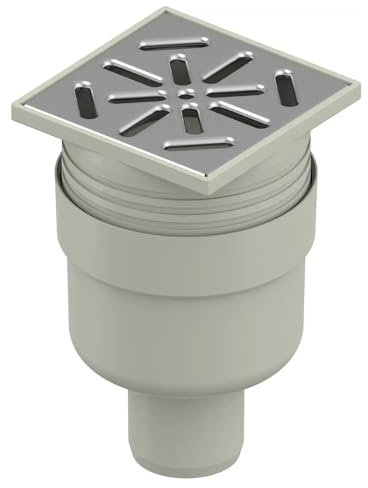 Uponor Aqua Ambient DN 50 Standard Vertikal Bodenablauf mit EDELSTAHL Ablaufrost, Punktablauf mit INOX-Gitter 10 cm x 10 cm, Grau