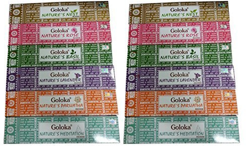 Goloka Nature's Nest Räucherstäbchen, Natur, sortiert, 12 Packungen mit je 15 Stäbchen, Hüttenkraut, Lavendel, Rose, Meditation, Parijatha, Basilikum, 2 Packungen