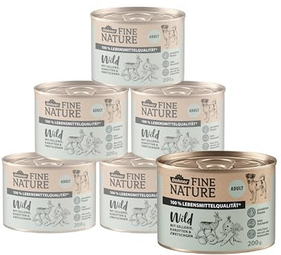 Dehner Fine Nature Hundefutter, Nassfutter in Lebensmittelqualität, für ausgewachsene Hunde, Wild, 6 x 200 g Dose (1.2 kg)